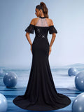 Elegant Black Sequin Mermaid Evening Dress, Luxury Off-Shoulder Wedding Guest Gown