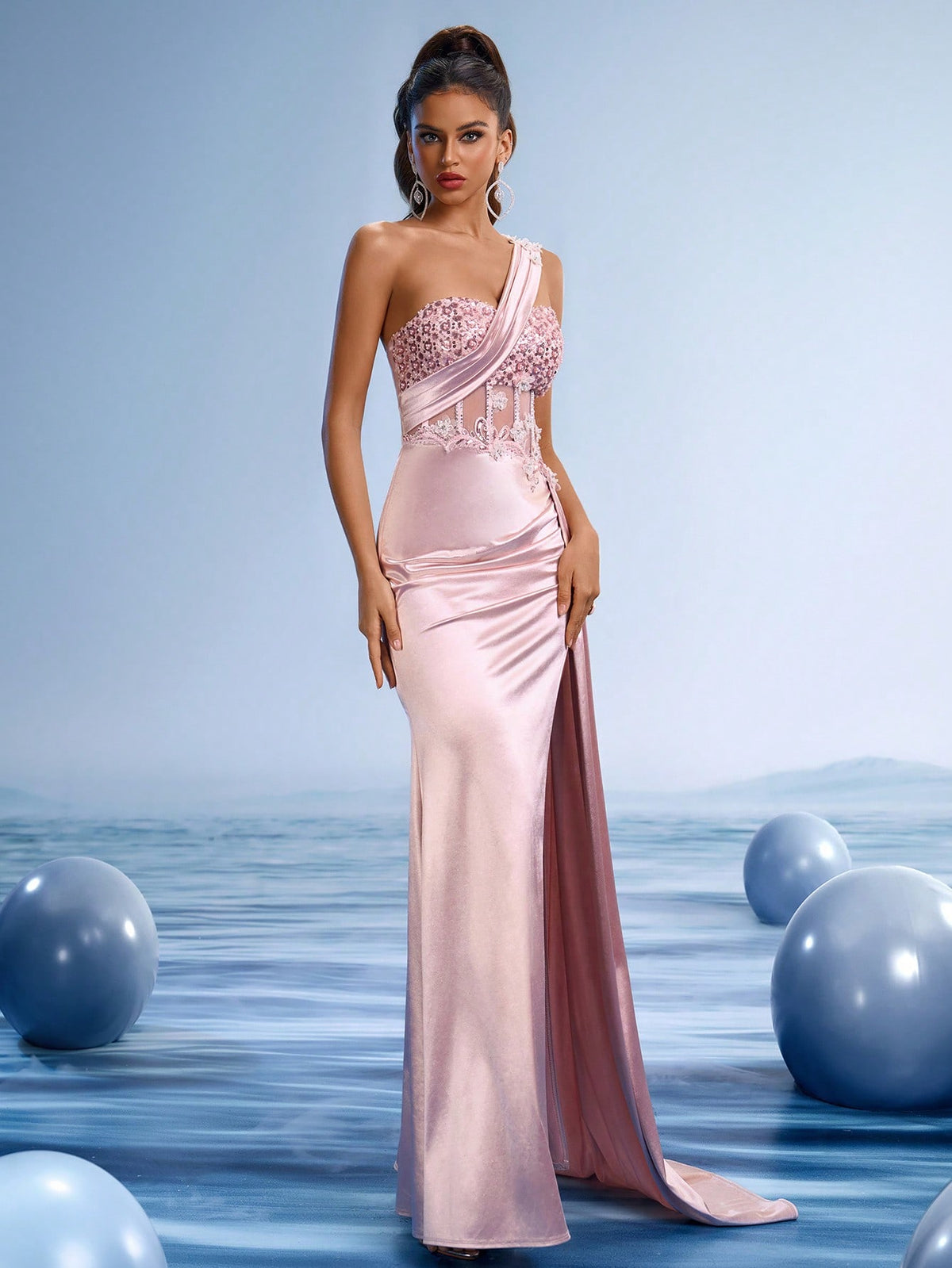 Elegant Blush Chiffon One-Shoulder Mermaid Evening Gown, Luxury Floral Lace Crystal Embellished Dress with High Slit for Wedding Guests