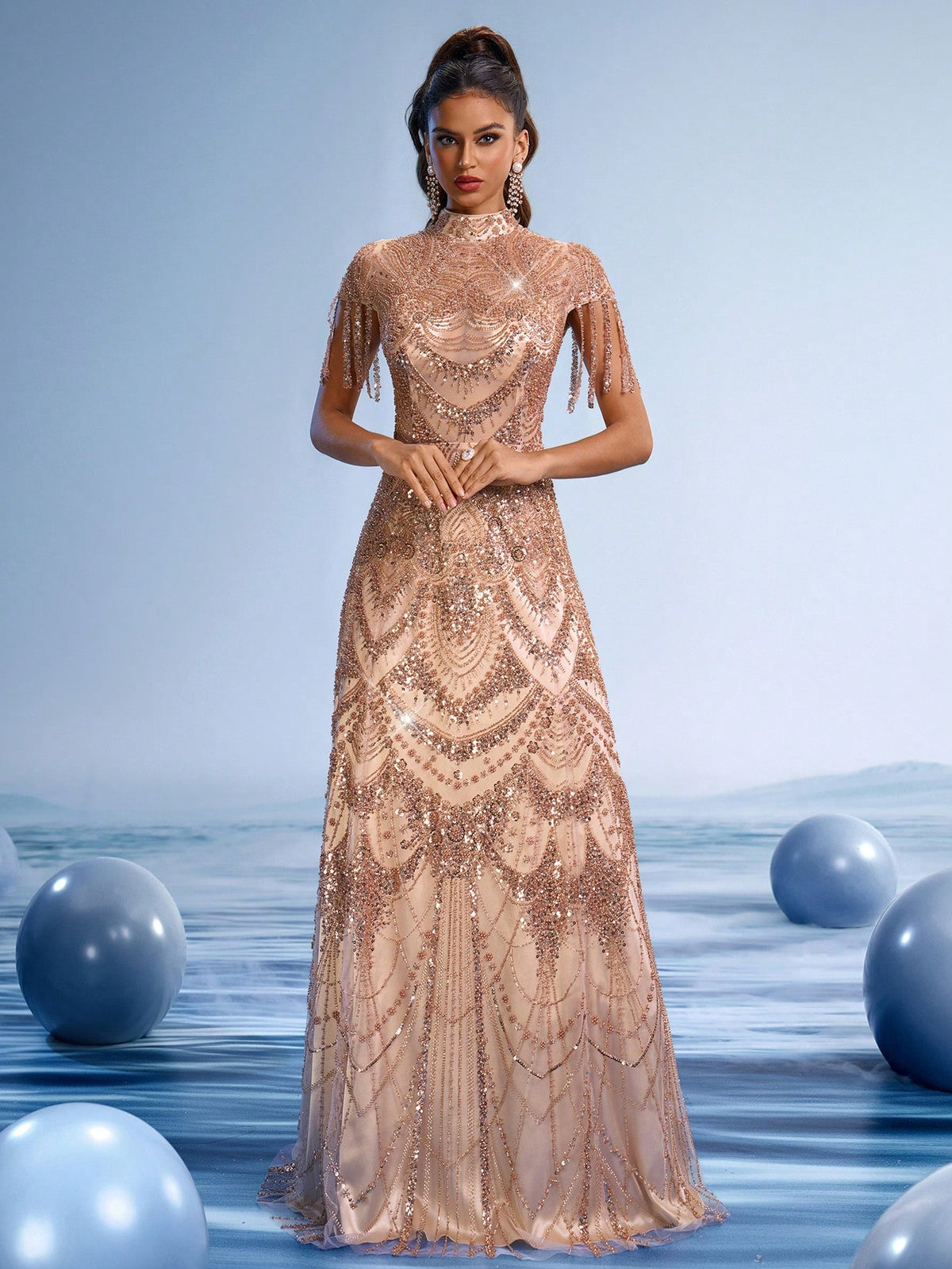 Luxury Hand-Beaded Pearl Strapless Sequin Mermaid Gown with High Neck, Fringe Sleeves and Open Back, Formal Evening Dress