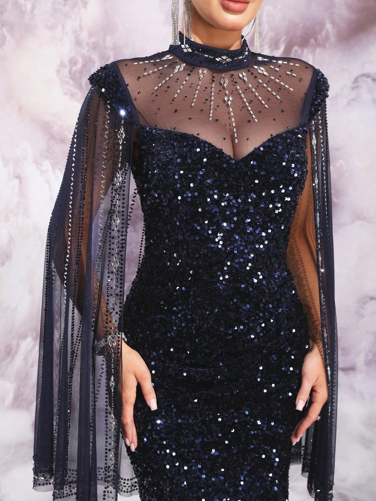Sparkling Sequin Starry Night Evening Gown with High Neck Illusion Mesh Shoulders and High Slit, Slim Fit Formal Dress