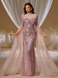 Romantic Rose Open-Back Evening Gown with Floral Embroidery and Sheer Cape Shawl