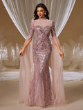 Romantic Rose Open-Back Evening Gown with Floral Embroidery and Sheer Cape Shawl
