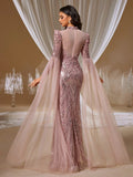 Romantic Rose Open-Back Evening Gown with Floral Embroidery and Sheer Cape Shawl