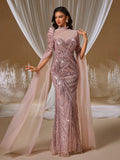 Romantic Rose Open-Back Evening Gown with Floral Embroidery and Sheer Cape Shawl