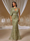 Olive Green Crystal Mermaid Gown with Draped Cape Shoulder