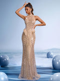 Elegant Silver Sequin Backless Mermaid Evening Gown with High Neck and Gold Crystal Beading, Red Carpet & Wedding Guest Dress