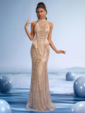 Elegant Silver Sequin Backless Mermaid Evening Gown with High Neck and Gold Crystal Beading, Red Carpet & Wedding Guest Dress