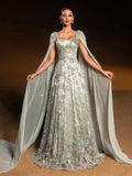 Luxury Mint Green Floral Appliqué Evening Gown with Square Neck, Layered Sleeves and 3D Flower Details, Cathedral Train