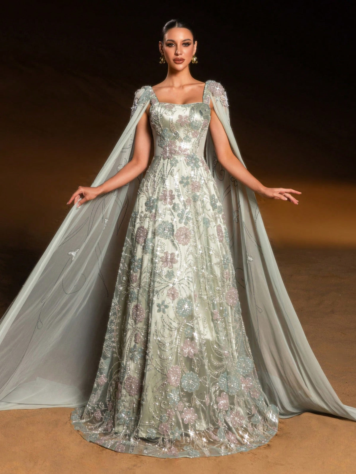 Luxury Mint Green Floral Appliqué Evening Gown with Square Neck, Layered Sleeves and 3D Flower Details, Cathedral Train