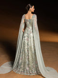 Luxury Mint Green Floral Appliqué Evening Gown with Square Neck, Layered Sleeves and 3D Flower Details, Cathedral Train
